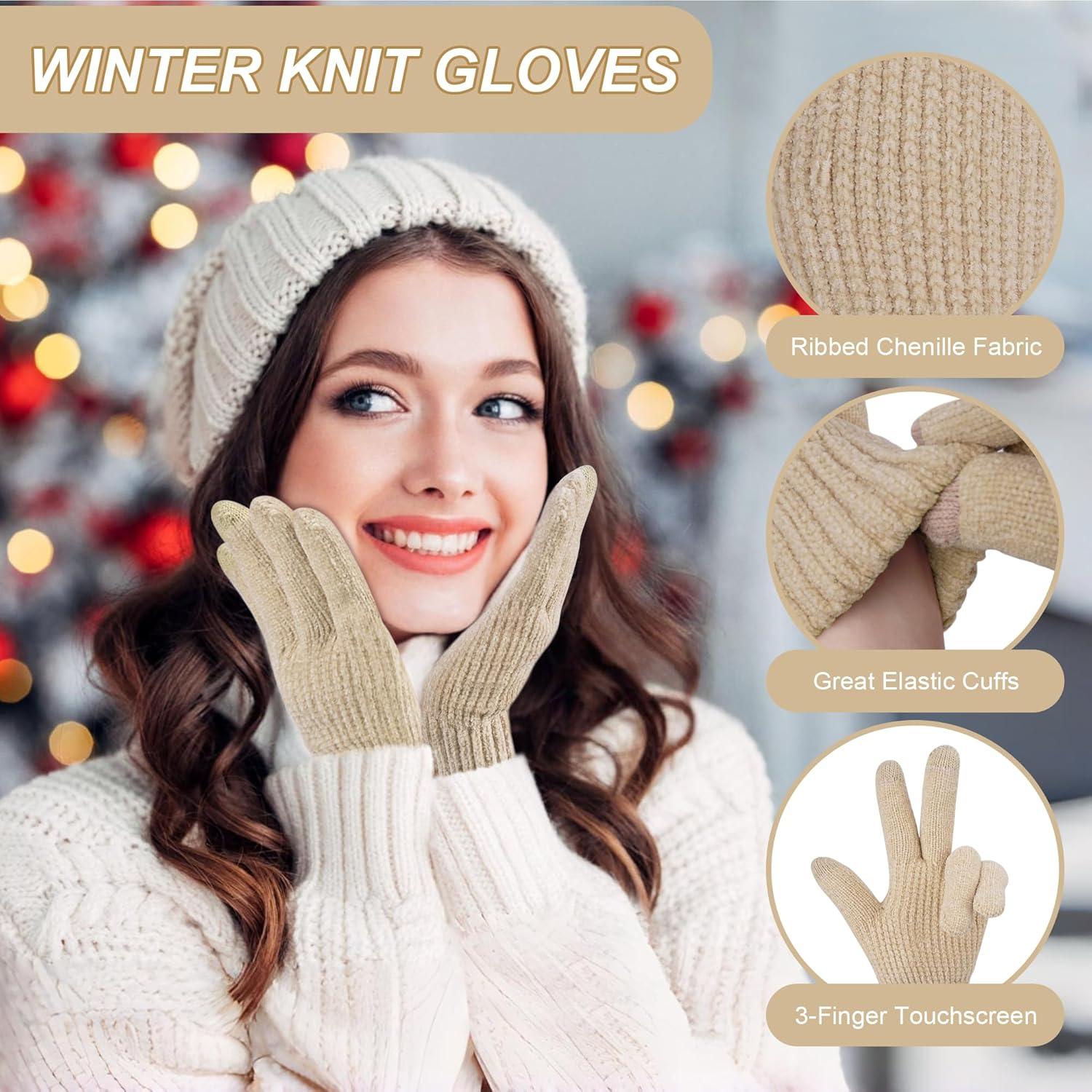 imageFZ FANTASTIC ZONE Womens Winter Gloves with Touch Screen Thermal Chenille Warm Lining Knit Gloves for Women Cold Weather GiftBeige