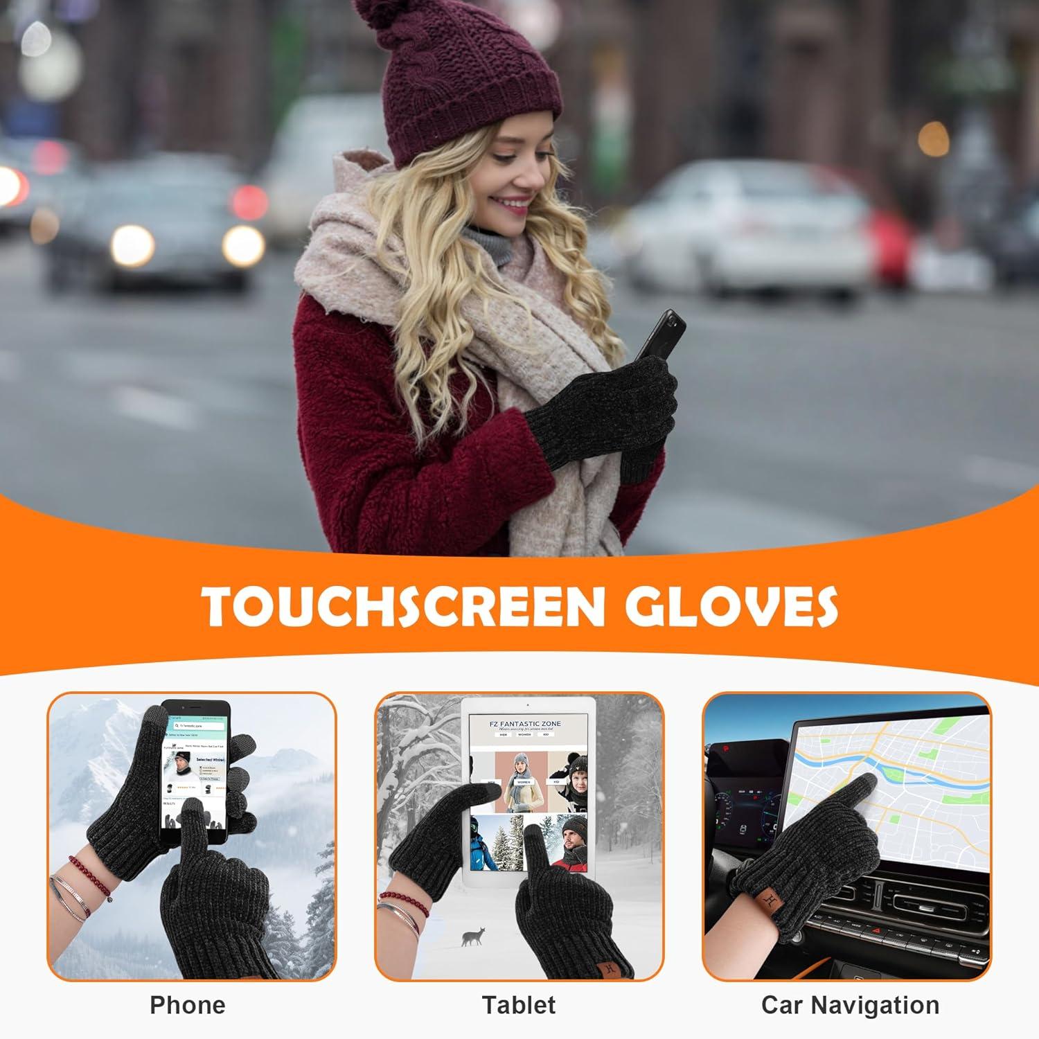 imageFZ FANTASTIC ZONE Womens Winter Gloves with Touch Screen Thermal Chenille Warm Lining Knit Gloves for Women Cold Weather GiftBlack