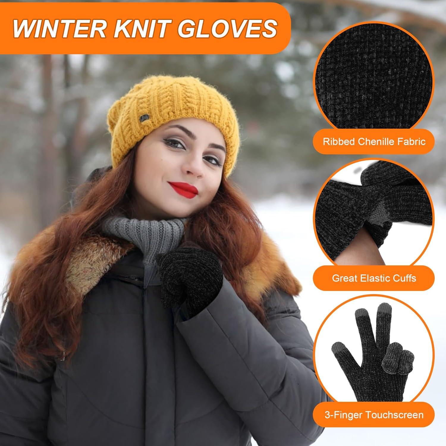 imageFZ FANTASTIC ZONE Womens Winter Gloves with Touch Screen Thermal Chenille Warm Lining Knit Gloves for Women Cold Weather GiftBlack