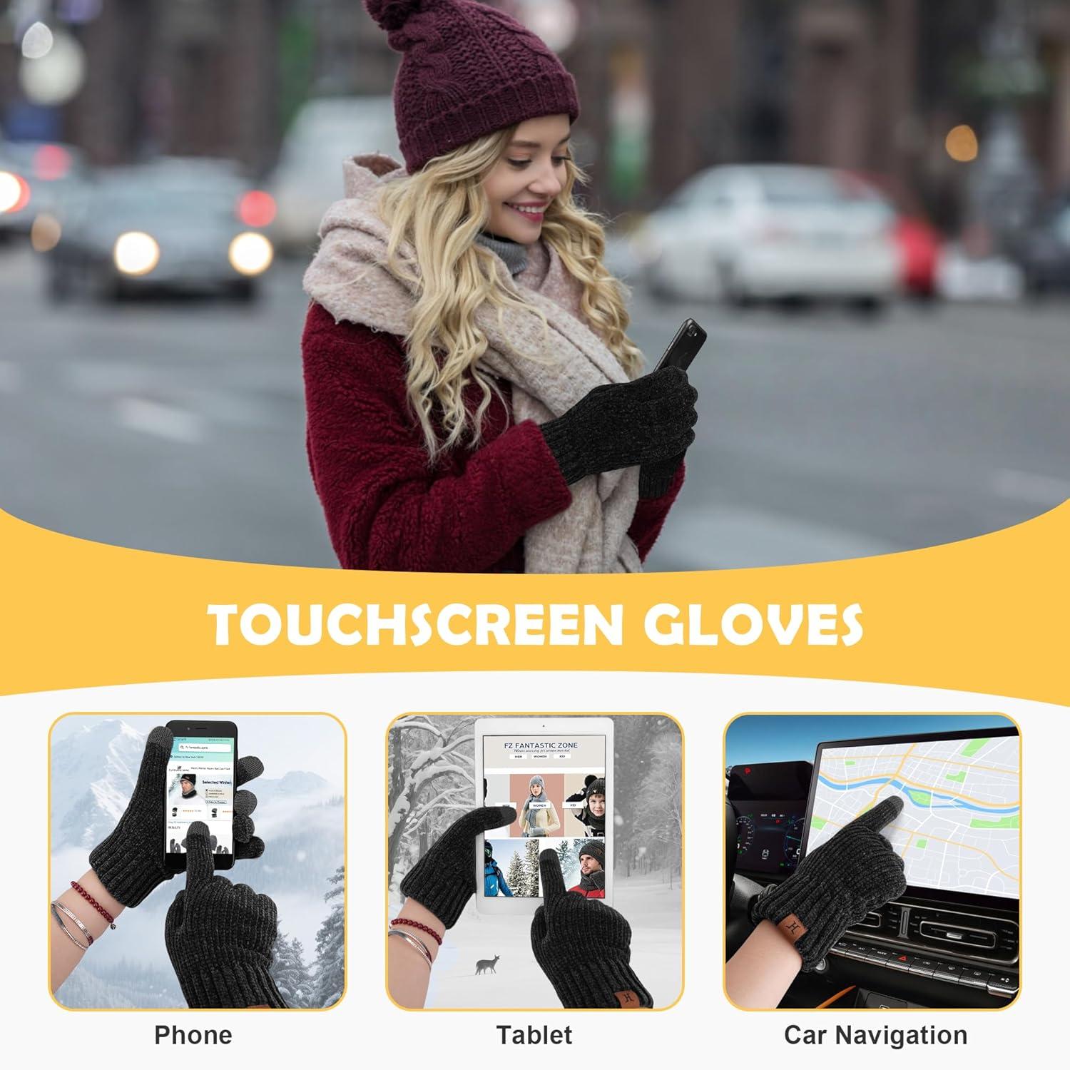 imageFZ FANTASTIC ZONE Womens Winter Gloves with Touch Screen Thermal Chenille Warm Lining Knit Gloves for Women Cold Weather GiftDark Grey