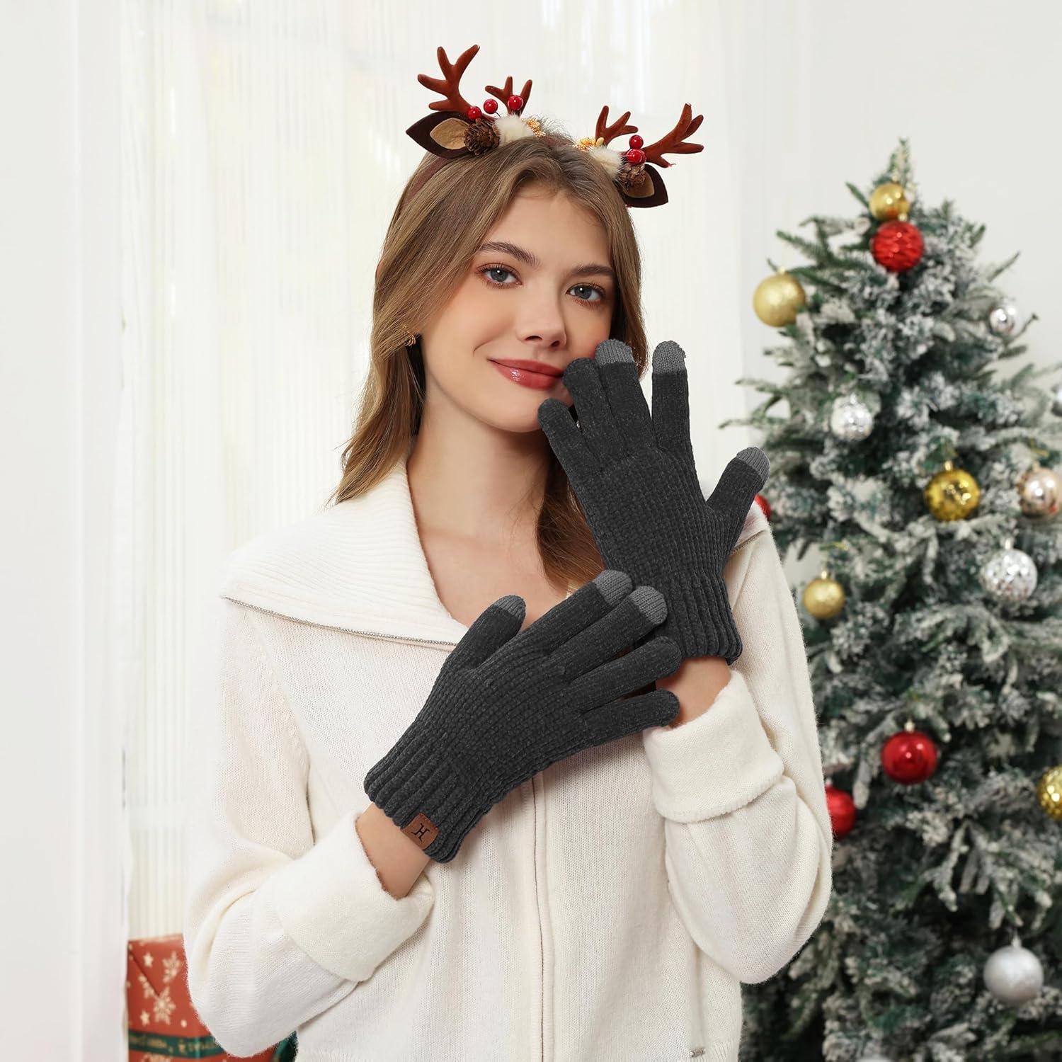 imageFZ FANTASTIC ZONE Womens Winter Gloves with Touch Screen Thermal Chenille Warm Lining Knit Gloves for Women Cold Weather GiftDark Grey