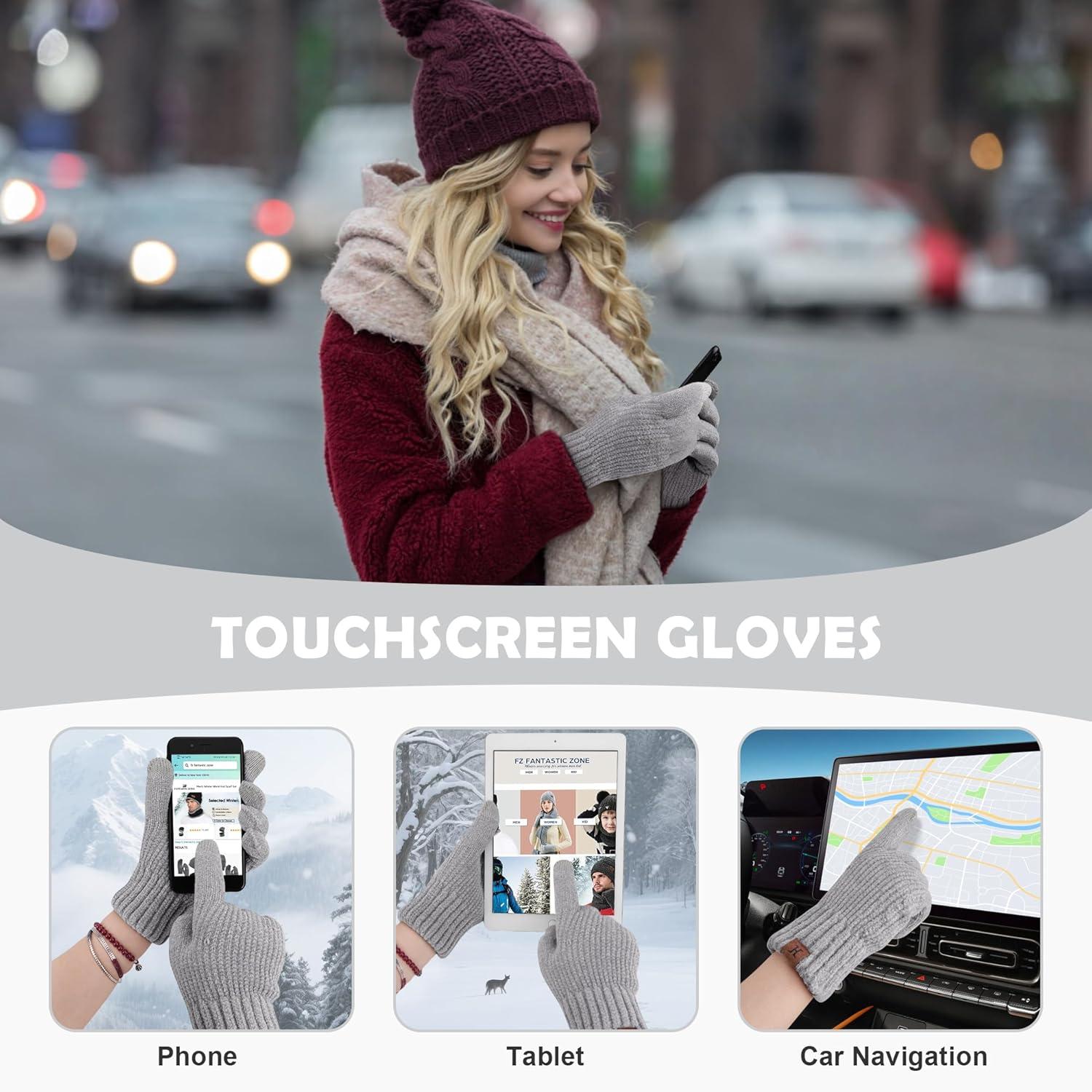 imageFZ FANTASTIC ZONE Womens Winter Gloves with Touch Screen Thermal Chenille Warm Lining Knit Gloves for Women Cold Weather GiftLight Grey