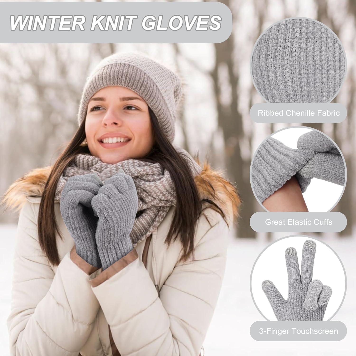 imageFZ FANTASTIC ZONE Womens Winter Gloves with Touch Screen Thermal Chenille Warm Lining Knit Gloves for Women Cold Weather GiftLight Grey