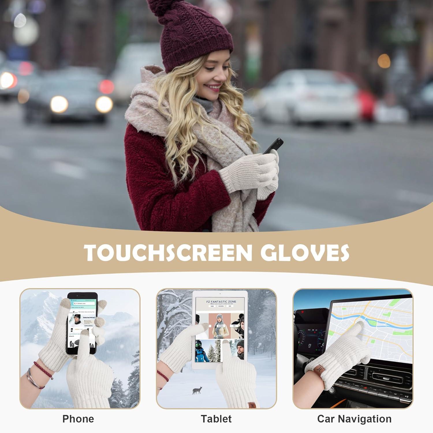 imageFZ FANTASTIC ZONE Womens Winter Gloves with Touch Screen Thermal Chenille Warm Lining Knit Gloves for Women Cold Weather GiftOffwhite