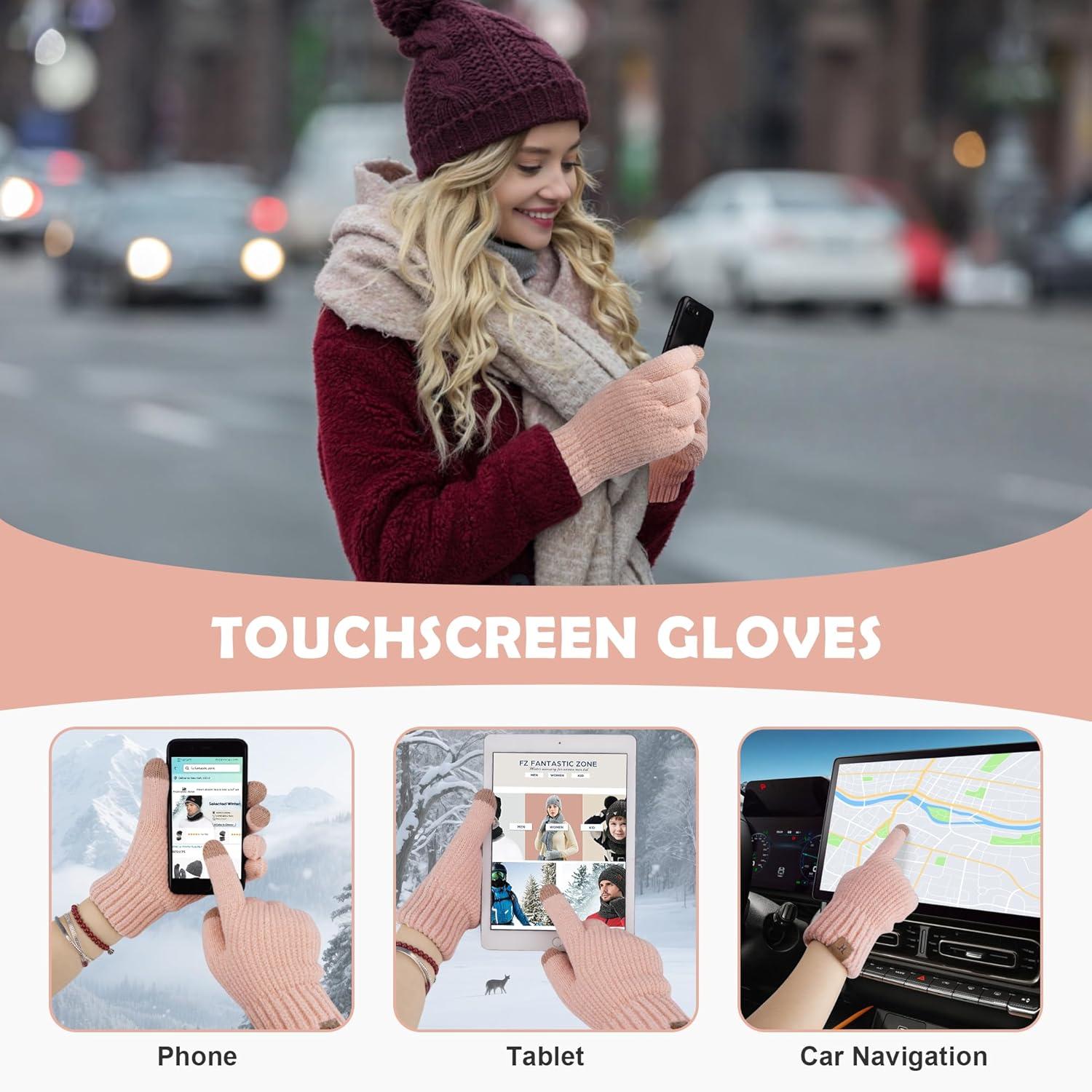 imageFZ FANTASTIC ZONE Womens Winter Gloves with Touch Screen Thermal Chenille Warm Lining Knit Gloves for Women Cold Weather GiftPink