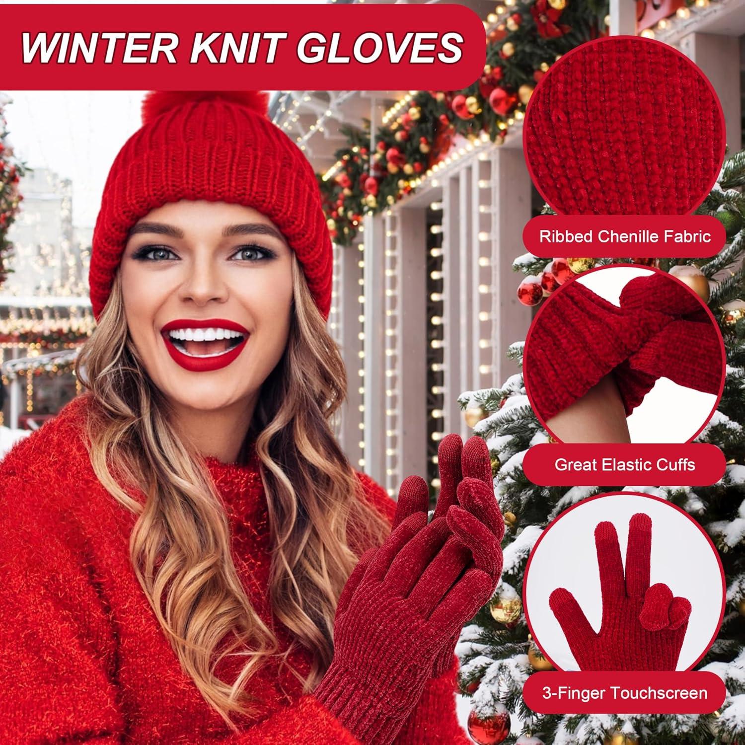 imageFZ FANTASTIC ZONE Womens Winter Gloves with Touch Screen Thermal Chenille Warm Lining Knit Gloves for Women Cold Weather GiftWine Red