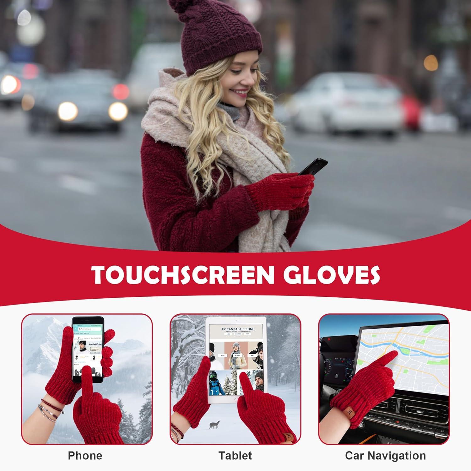 imageFZ FANTASTIC ZONE Womens Winter Gloves with Touch Screen Thermal Chenille Warm Lining Knit Gloves for Women Cold Weather GiftWine Red
