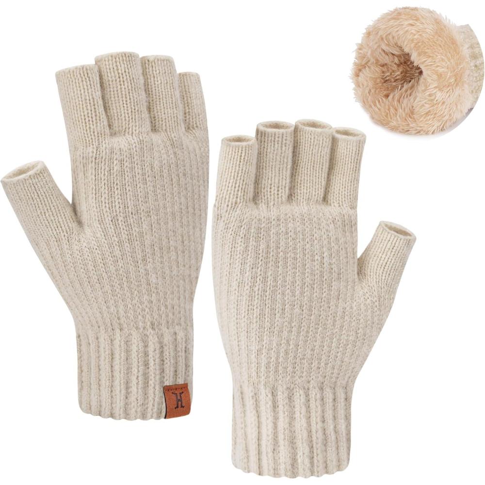 imageFZ FANTASTIC ZONE Winter Fingerless Gloves for Women Men Fleece Warm Knit Type Work Half Finger Gloves for Cold Weather GiftApricot