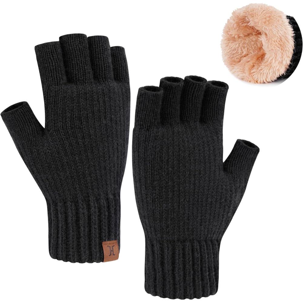 imageFZ FANTASTIC ZONE Winter Fingerless Gloves for Women Men Fleece Warm Knit Type Work Half Finger Gloves for Cold Weather GiftBlack