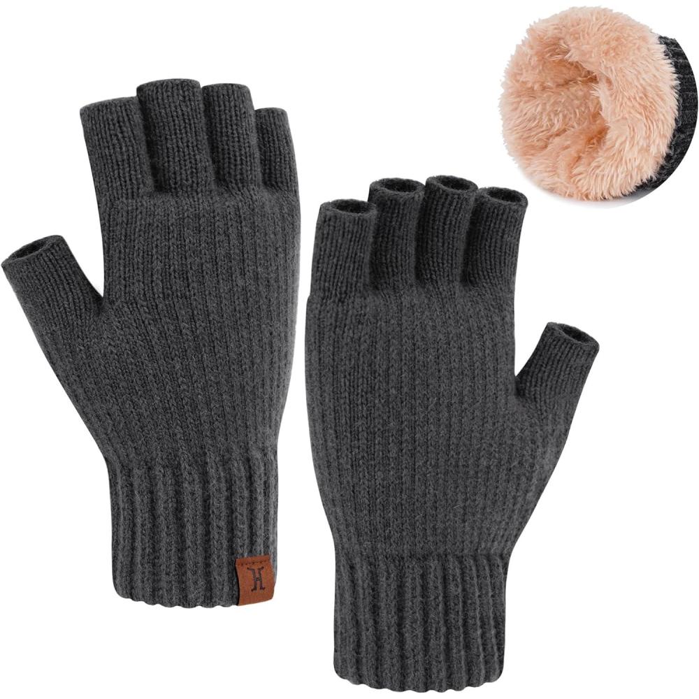 imageFZ FANTASTIC ZONE Winter Fingerless Gloves for Women Men Fleece Warm Knit Type Work Half Finger Gloves for Cold Weather GiftDark Gray
