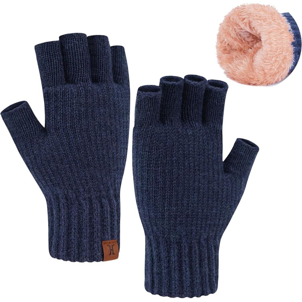 imageFZ FANTASTIC ZONE Winter Fingerless Gloves for Women Men Fleece Warm Knit Type Work Half Finger Gloves for Cold Weather GiftNavy Blue