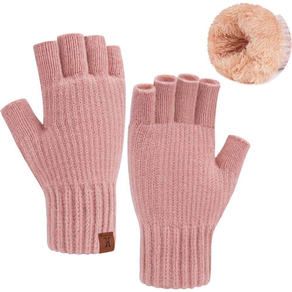 imageFZ FANTASTIC ZONE Winter Fingerless Gloves for Women Men Fleece Warm Knit Type Work Half Finger Gloves for Cold Weather GiftPink
