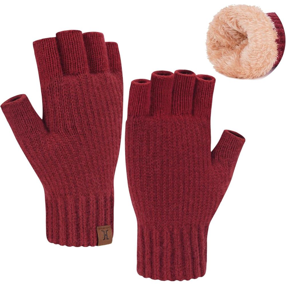 imageFZ FANTASTIC ZONE Winter Fingerless Gloves for Women Men Fleece Warm Knit Type Work Half Finger Gloves for Cold Weather GiftRed
