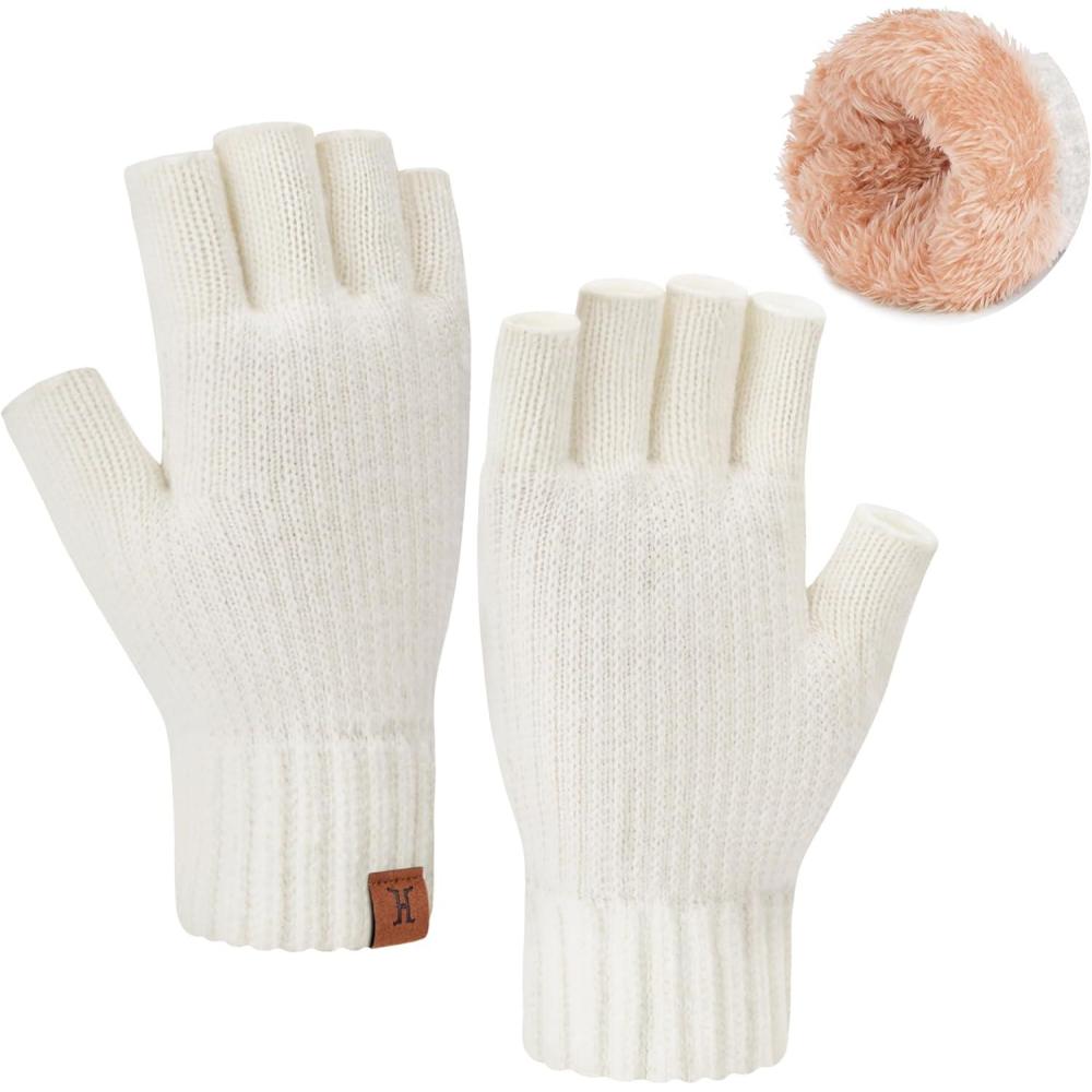 imageFZ FANTASTIC ZONE Winter Fingerless Gloves for Women Men Fleece Warm Knit Type Work Half Finger Gloves for Cold Weather GiftWhite