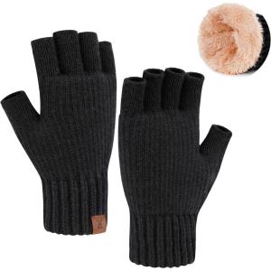 imageFZ FANTASTIC ZONE Winter Fingerless Gloves for Women Men Fleece Warm Knit Type Work Half Finger Gloves for Cold Weather GiftBlack