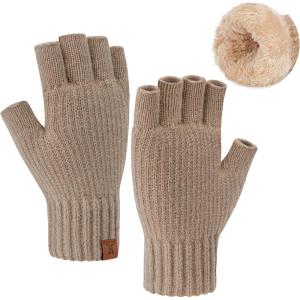 imageFZ FANTASTIC ZONE Winter Fingerless Gloves for Women Men Fleece Warm Knit Type Work Half Finger Gloves for Cold Weather GiftKhaki