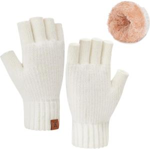 imageFZ FANTASTIC ZONE Winter Fingerless Gloves for Women Men Fleece Warm Knit Type Work Half Finger Gloves for Cold Weather GiftWhite