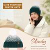 imageFZ FANTASTIC ZONE Womens Winter Hats Warm Knit Fleece Lined Cap Pompom Beanie Hats for Women Cold WeatherDark Green White