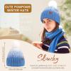 imageFZ FANTASTIC ZONE Womens Winter Hats Warm Knit Fleece Lined Cap Pompom Beanie Hats for Women Cold WeatherDenim Blue White