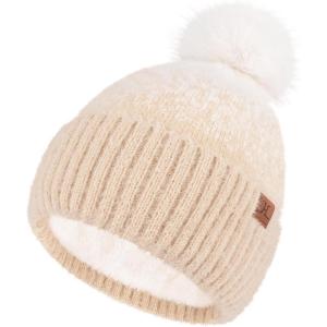 imageFZ FANTASTIC ZONE Womens Winter Hats Warm Knit Fleece Lined Cap Pompom Beanie Hats for Women Cold WeatherApricot White
