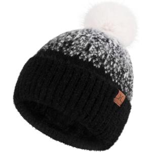 imageFZ FANTASTIC ZONE Womens Winter Hats Warm Knit Fleece Lined Cap Pompom Beanie Hats for Women Cold WeatherBlack White