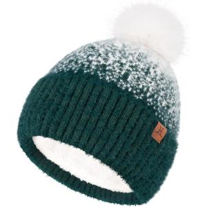 imageFZ FANTASTIC ZONE Womens Winter Hats Warm Knit Fleece Lined Cap Pompom Beanie Hats for Women Cold WeatherDark Green White