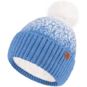 imageFZ FANTASTIC ZONE Womens Winter Hats Warm Knit Fleece Lined Cap Pompom Beanie Hats for Women Cold WeatherDenim Blue White