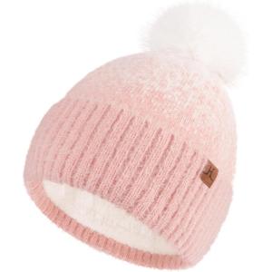 imageFZ FANTASTIC ZONE Womens Winter Hats Warm Knit Fleece Lined Cap Pompom Beanie Hats for Women Cold WeatherPink White