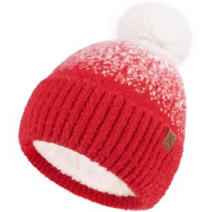imageFZ FANTASTIC ZONE Womens Winter Hats Warm Knit Fleece Lined Cap Pompom Beanie Hats for Women Cold WeatherRed White