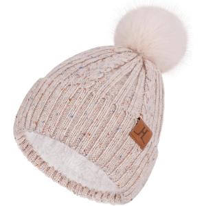 imageFZ FANTASTIC ZONE Womens Winter Warm Beanie Hat Knit Slouchy Skull Cap Thick Fleece Lined with Pom Pom Gifts for WomenBeige