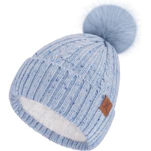 imageFZ FANTASTIC ZONE Womens Winter Warm Beanie Hat Knit Slouchy Skull Cap Thick Fleece Lined with Pom Pom Gifts for WomenBlue