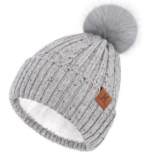 imageFZ FANTASTIC ZONE Womens Winter Warm Beanie Hat Knit Slouchy Skull Cap Thick Fleece Lined with Pom Pom Gifts for WomenGrey