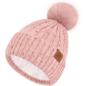 imageFZ FANTASTIC ZONE Womens Winter Warm Beanie Hat Knit Slouchy Skull Cap Thick Fleece Lined with Pom Pom Gifts for WomenPink