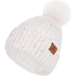imageFZ FANTASTIC ZONE Womens Winter Warm Beanie Hat Knit Slouchy Skull Cap Thick Fleece Lined with Pom Pom Gifts for WomenWhite