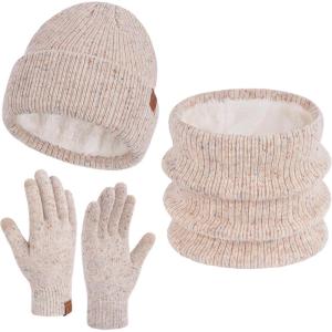 imageWomens Winter Hats and Gloves Scarf Sets Fleece Warm Knit Beanie Neck Warmer Skull Caps Touchscreen Gloves for Women GiftsBeige