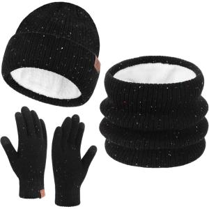 imageWomens Winter Hats and Gloves Scarf Sets Fleece Warm Knit Beanie Neck Warmer Skull Caps Touchscreen Gloves for Women GiftsBlack