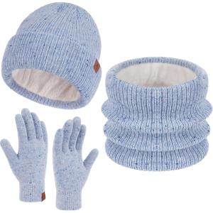imageWomens Winter Hats and Gloves Scarf Sets Fleece Warm Knit Beanie Neck Warmer Skull Caps Touchscreen Gloves for Women GiftsBlue