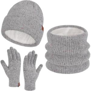 imageWomens Winter Hats and Gloves Scarf Sets Fleece Warm Knit Beanie Neck Warmer Skull Caps Touchscreen Gloves for Women GiftsGrey