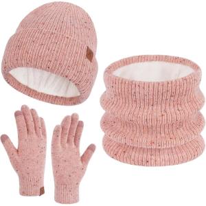 imageWomens Winter Hats and Gloves Scarf Sets Fleece Warm Knit Beanie Neck Warmer Skull Caps Touchscreen Gloves for Women GiftsPink