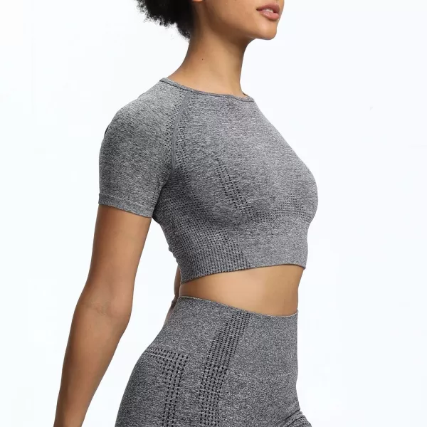 Aoxjox Womens Workout Vital Short Sleeve Seamless Crop Top Yoga Gym Sport Shirts T ShirtA Charcoal Grey Marl Crop Tops