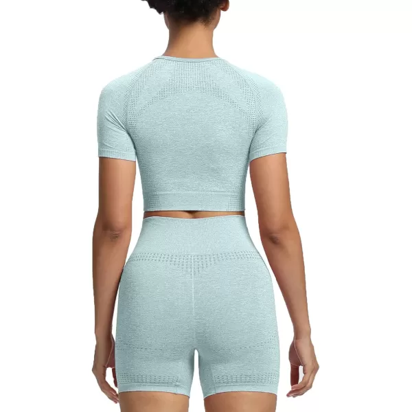 Aoxjox Womens Workout Vital Short Sleeve Seamless Crop Top Yoga Gym Sport Shirts T ShirtA Light Green Marl Crop Tops