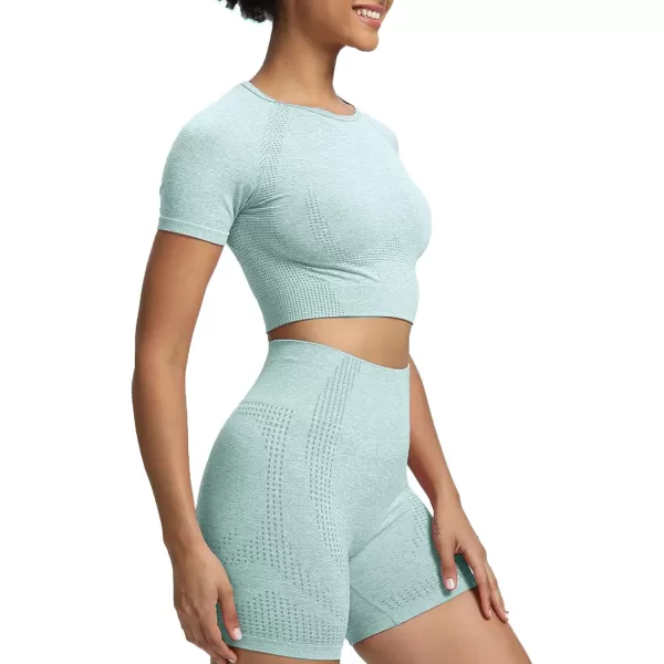 Aoxjox Womens Workout Vital Short Sleeve Seamless Crop Top Yoga Gym Sport Shirts T ShirtA Light Green Marl Crop Tops
