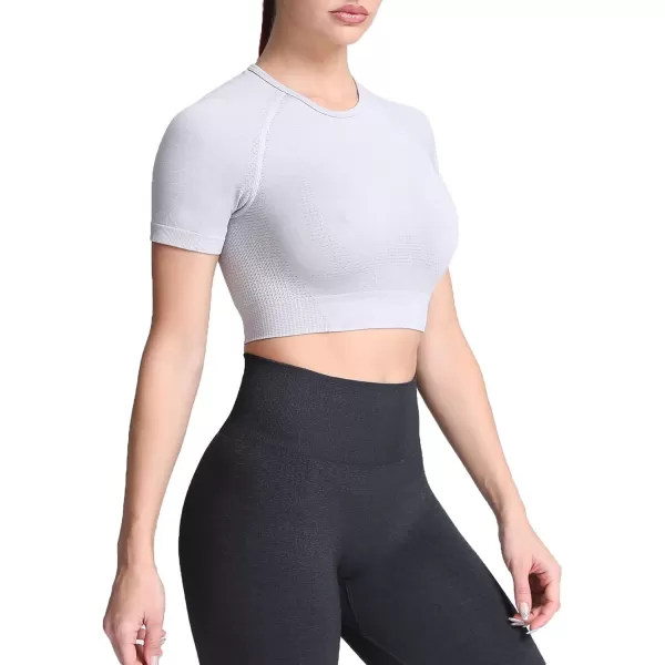 Aoxjox Womens Workout Vital Short Sleeve Seamless Crop Top Yoga Gym Sport Shirts T ShirtA White Grey Marl Crop Tops