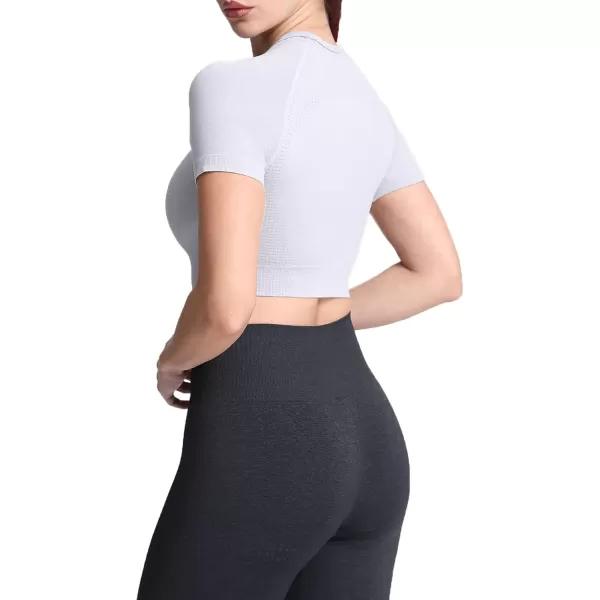 Aoxjox Womens Workout Vital Short Sleeve Seamless Crop Top Yoga Gym Sport Shirts T ShirtA White Grey Marl Crop Tops
