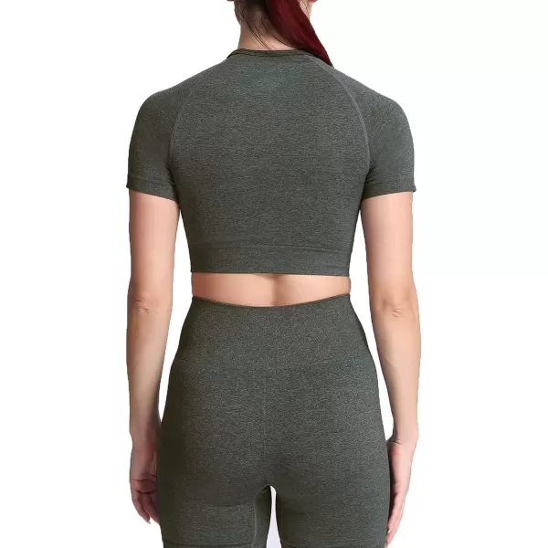 Aoxjox Womens Workout Vital Short Sleeve Seamless Crop Top Yoga Gym Sport Shirts T ShirtB Army Green Marl Crop Tops