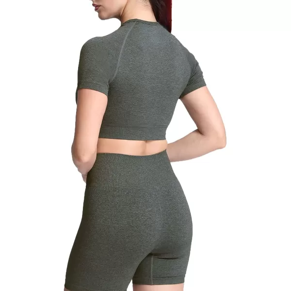 Aoxjox Womens Workout Vital Short Sleeve Seamless Crop Top Yoga Gym Sport Shirts T ShirtB Army Green Marl Crop Tops