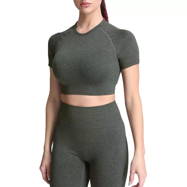 Aoxjox Womens Workout Vital Short Sleeve Seamless Crop Top Yoga Gym Sport Shirts T ShirtB Army Green Marl Crop Tops