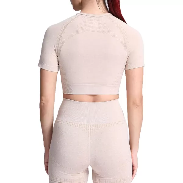 Aoxjox Womens Workout Vital Short Sleeve Seamless Crop Top Yoga Gym Sport Shirts T ShirtB Beige Marl Crop Tops