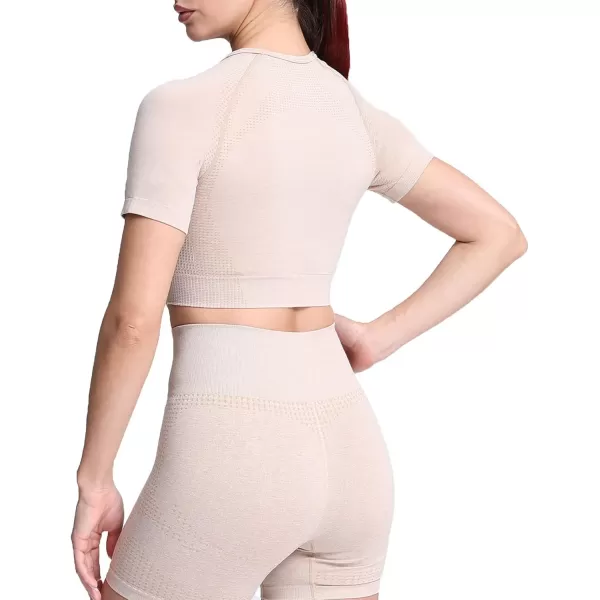 Aoxjox Womens Workout Vital Short Sleeve Seamless Crop Top Yoga Gym Sport Shirts T ShirtB Beige Marl Crop Tops