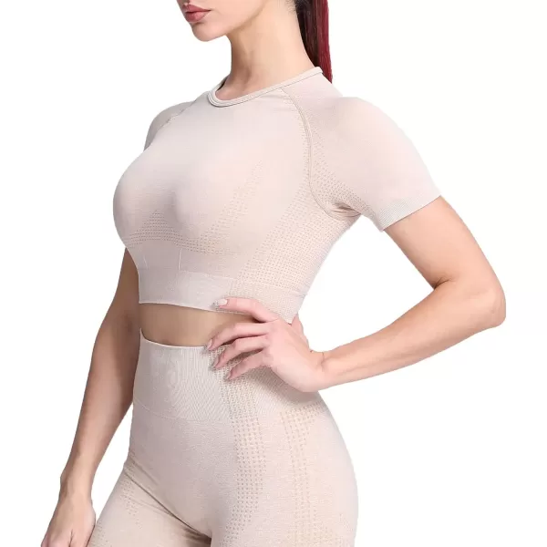 Aoxjox Womens Workout Vital Short Sleeve Seamless Crop Top Yoga Gym Sport Shirts T ShirtB Beige Marl Crop Tops